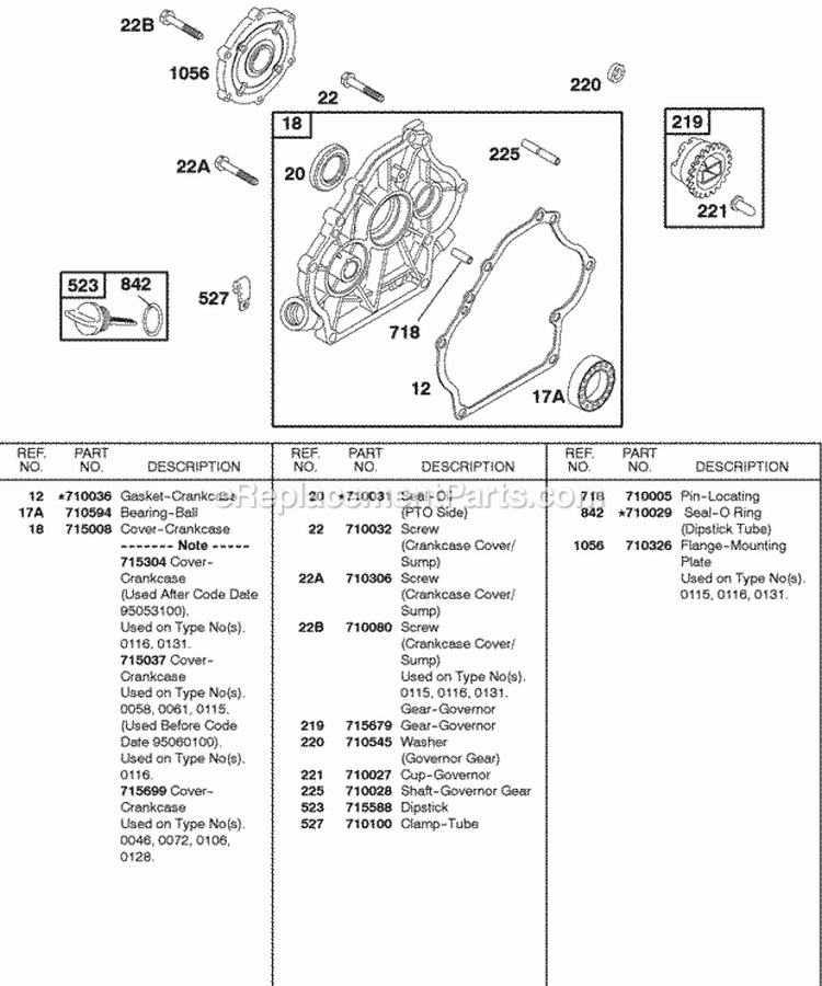 Crankcase Cover Diagram and Parts List for  Briggs and Stratton Engine